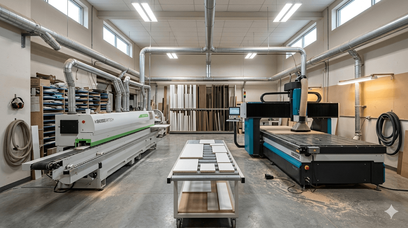 Cutting Edge Closets shop floor in Orem, Utah featuring Biesse CNC machine, edge bander, and melamine inventory